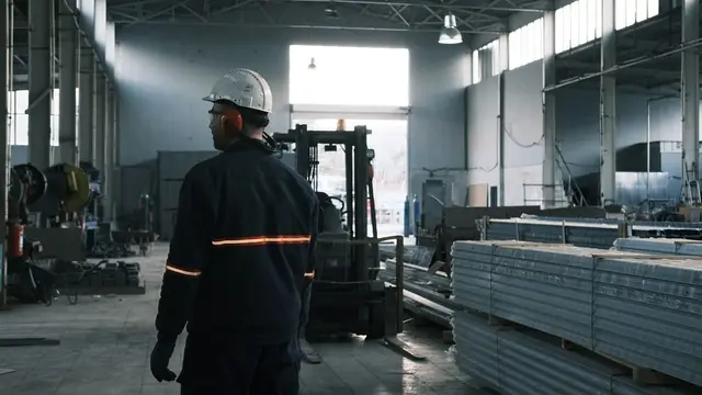 Pracownik w kasku widziany od tyłu w hali produkcyjnej